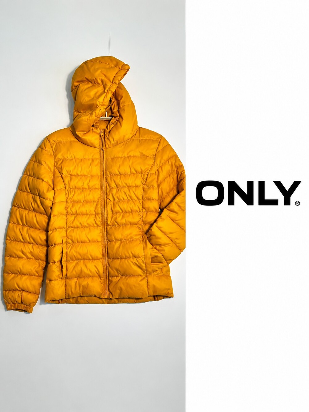 ONLY Women’s Hooded Puffer Jacket Mustard Yellow Size L Lightweight Quilted